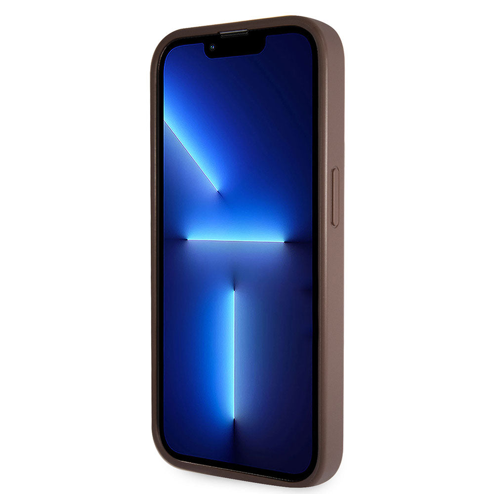 Apple iPhone 14 Pro Max Kılıf Guess PU Deri Taşlı Üçgen Logolu 4G Desenli Kapak Kahverengi