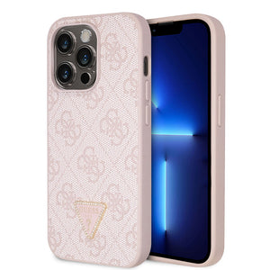 Apple iPhone 14 Pro Max Kılıf Guess PU Deri Taşlı Üçgen Logolu 4G Desenli Kapak Pembe