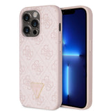 Apple iPhone 14 Pro Max Kılıf Guess PU Deri Taşlı Üçgen Logolu 4G Desenli Kapak Pembe
