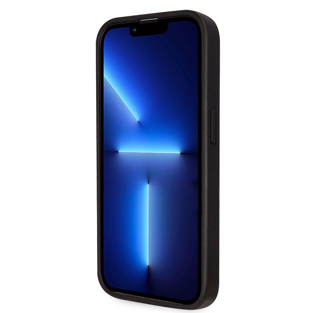 Apple iPhone 14 Pro Kılıf Guess PU Deri Taşlı Üçgen Logolu 4G Desenli Kapak Siyah