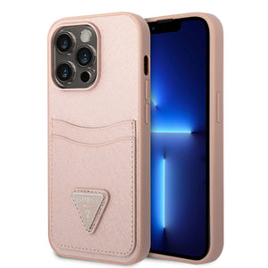 Apple iPhone 14 Pro Kılıf Guess PU Safran Deri Kartlıklı Kapak Pembe