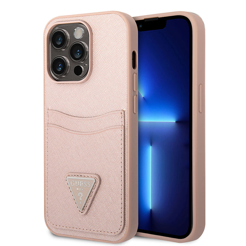 Apple iPhone 14 Pro Kılıf Guess PU Safran Deri Kartlıklı Kapak Pembe