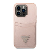 Apple iPhone 14 Pro Kılıf Guess PU Safran Deri Kartlıklı Kapak Pembe