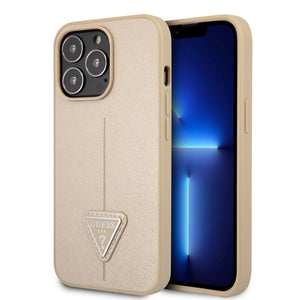 Apple iPhone 14 Pro Max Kılıf Guess PU Safran Deri Üçgen Logolu Kapak Gold