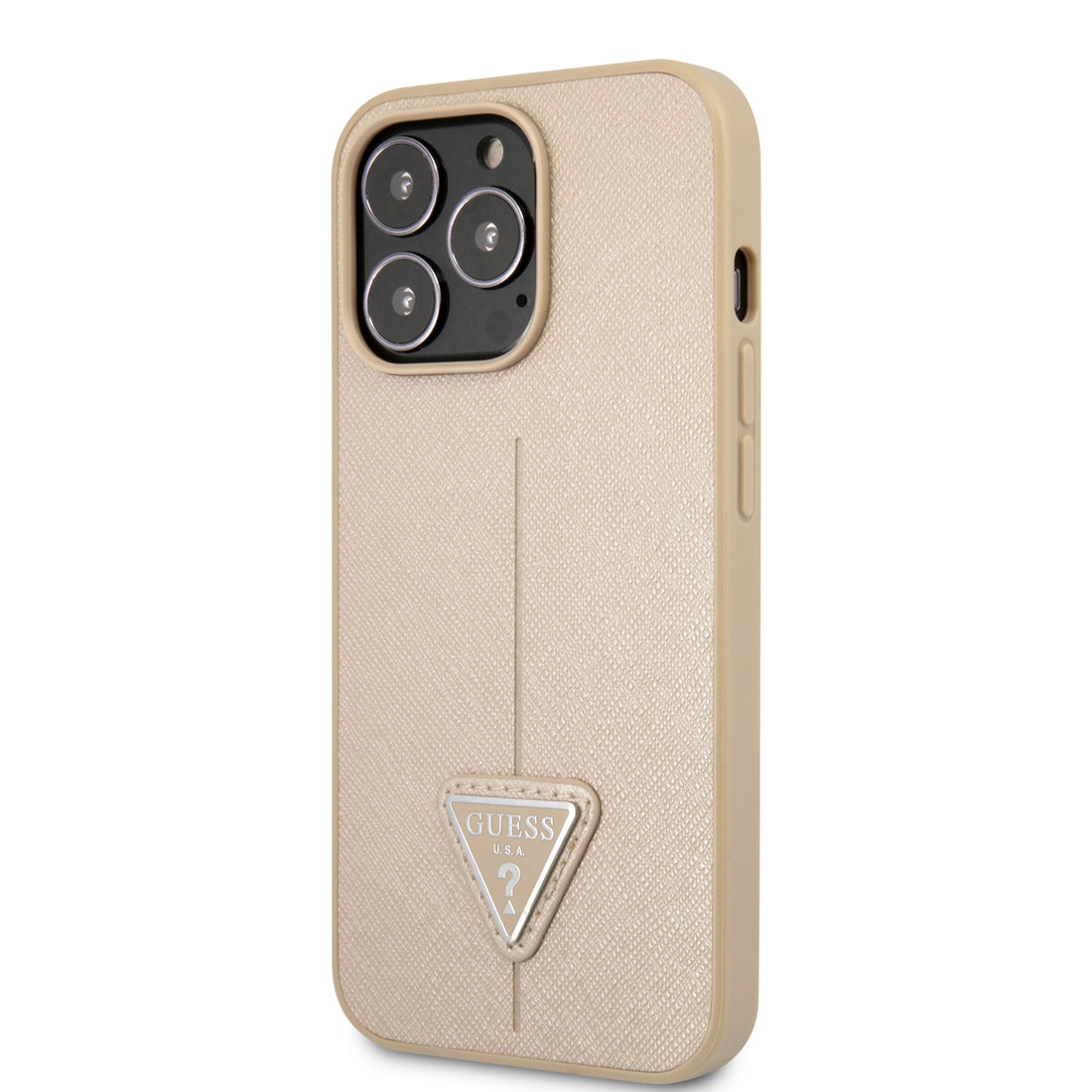 Apple iPhone 14 Pro Max Kılıf Guess PU Safran Deri Üçgen Logolu Kapak Gold
