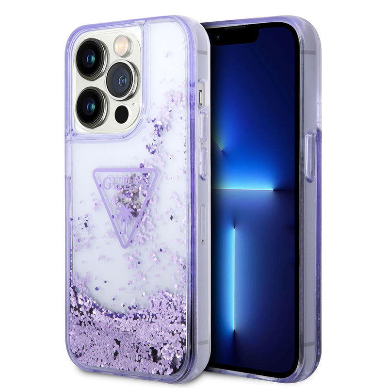 Apple iPhone 14 Pro Kılıf Guess Transparan Sıvılı Simli Kapak Mor