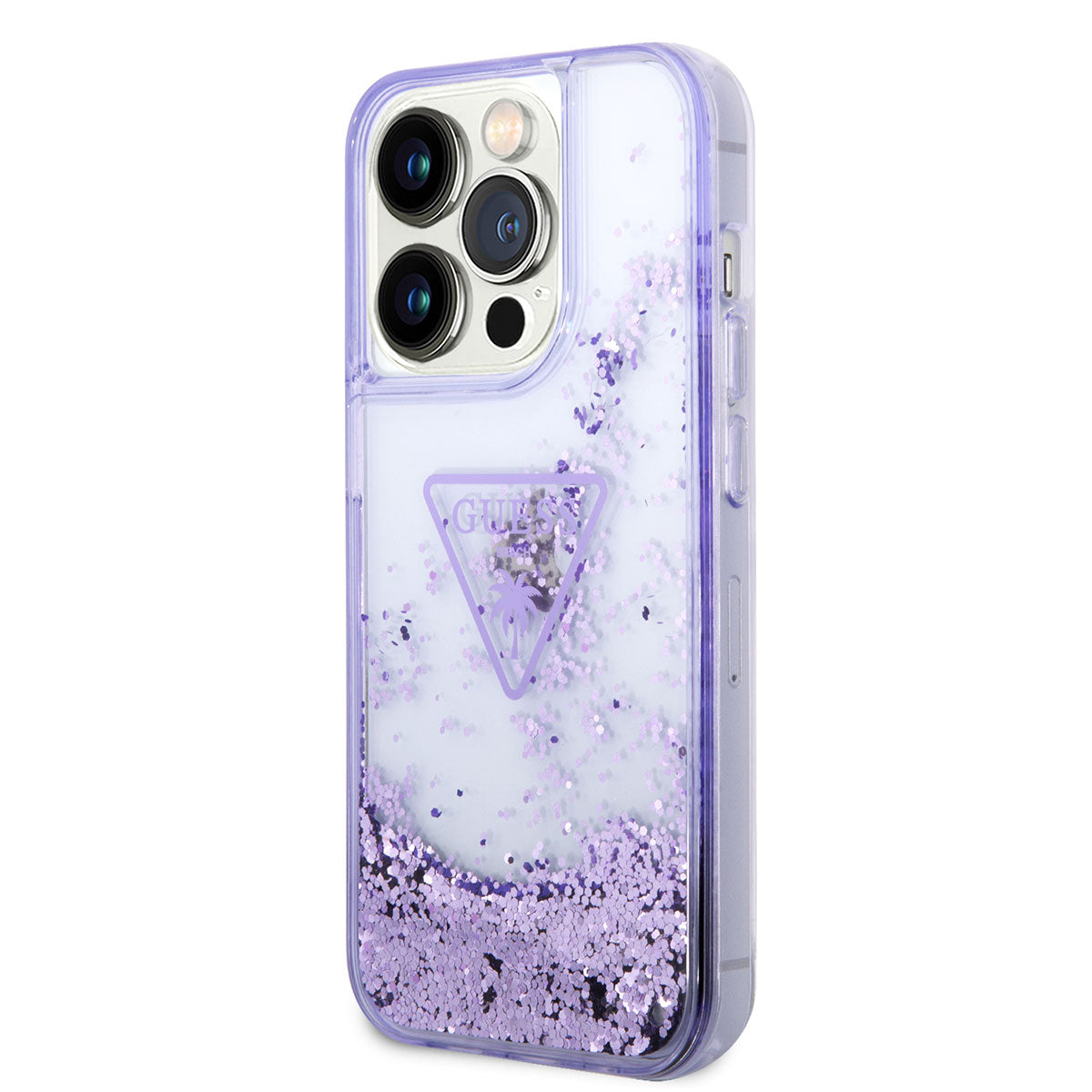 Apple iPhone 14 Pro Kılıf Guess Transparan Sıvılı Simli Kapak Mor