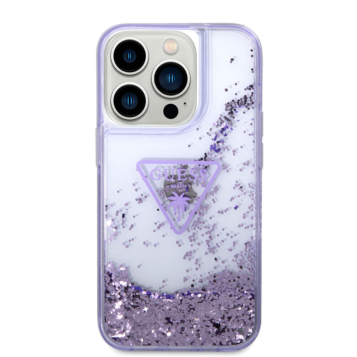 Apple iPhone 14 Pro Kılıf Guess Transparan Sıvılı Simli Kapak Mor