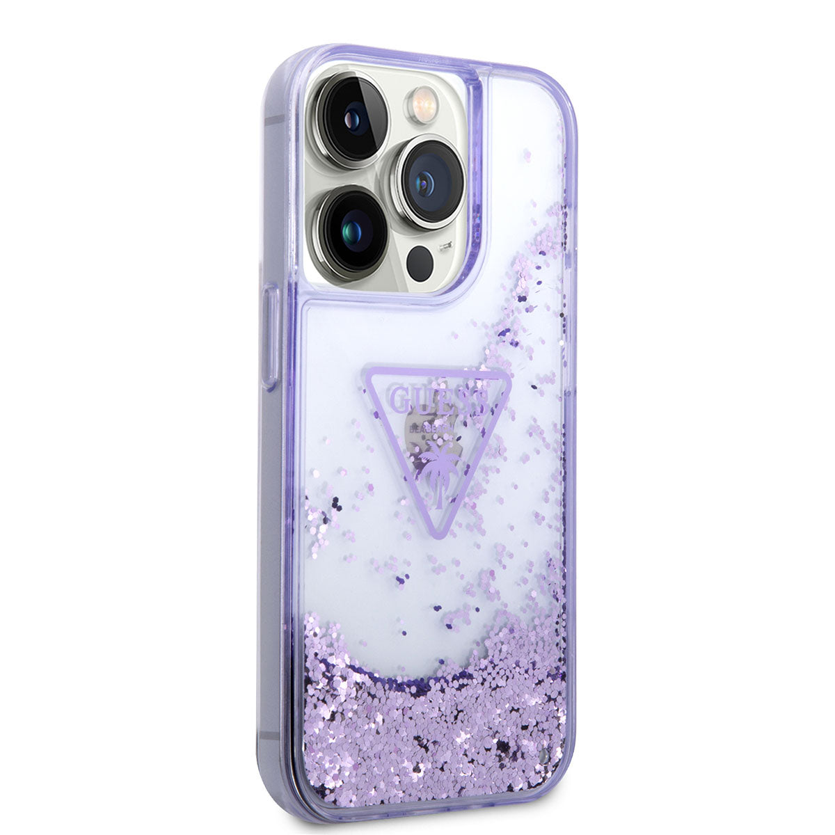 Apple iPhone 14 Pro Kılıf Guess Transparan Sıvılı Simli Kapak Mor