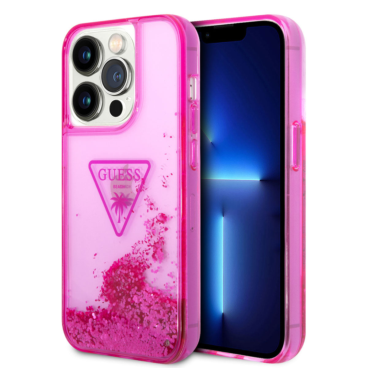 Apple iPhone 14 Pro Kılıf Guess Transparan Sıvılı Simli Kapak Pembe