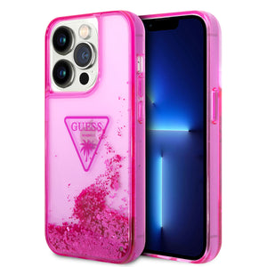 Apple iPhone 14 Pro Kılıf Guess Transparan Sıvılı Simli Kapak Pembe