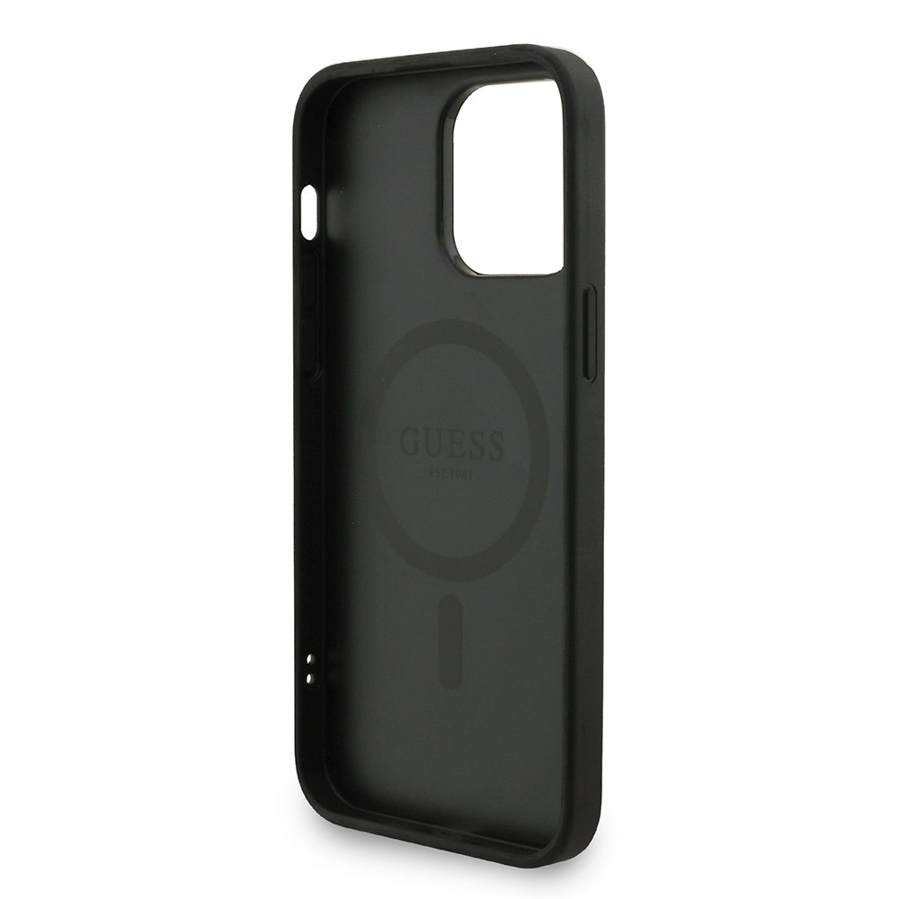 Apple iPhone 14 Pro Max Kılıf Guess M-safe Şarj Özellikli Bilek Askı İpli Yazı Logolu Kapak Siyah
