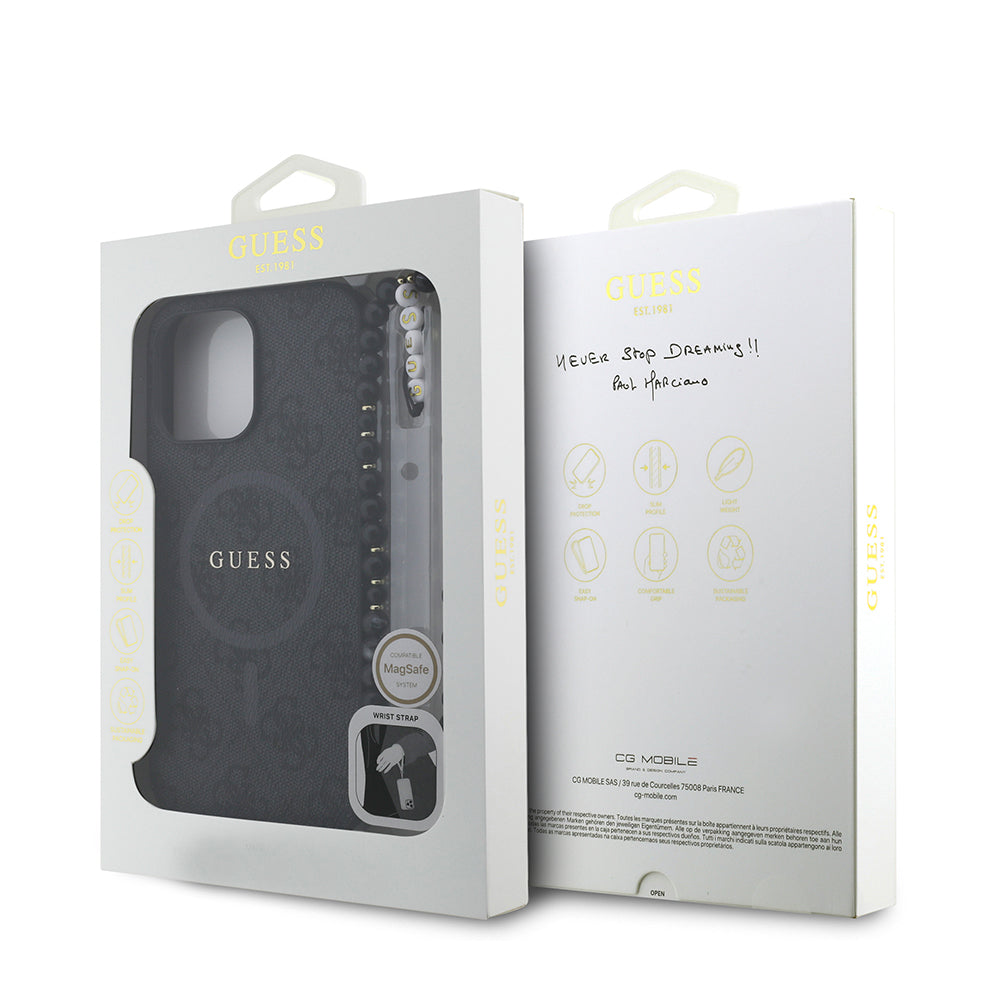 Apple iPhone 14 Pro Max Kılıf Guess M-safe Şarj Özellikli Bilek Askı İpli Yazı Logolu Kapak Siyah