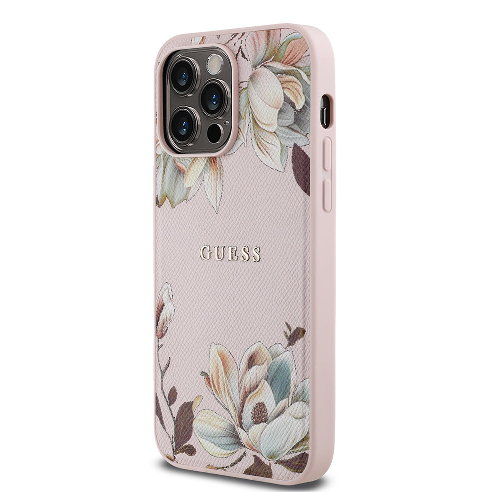 Apple iPhone 14 Pro Max Kılıf Guess Magsafe Şarj Özellikli Çiçek Tasarımlı Metal Yazı Logolu Kapak Pembe