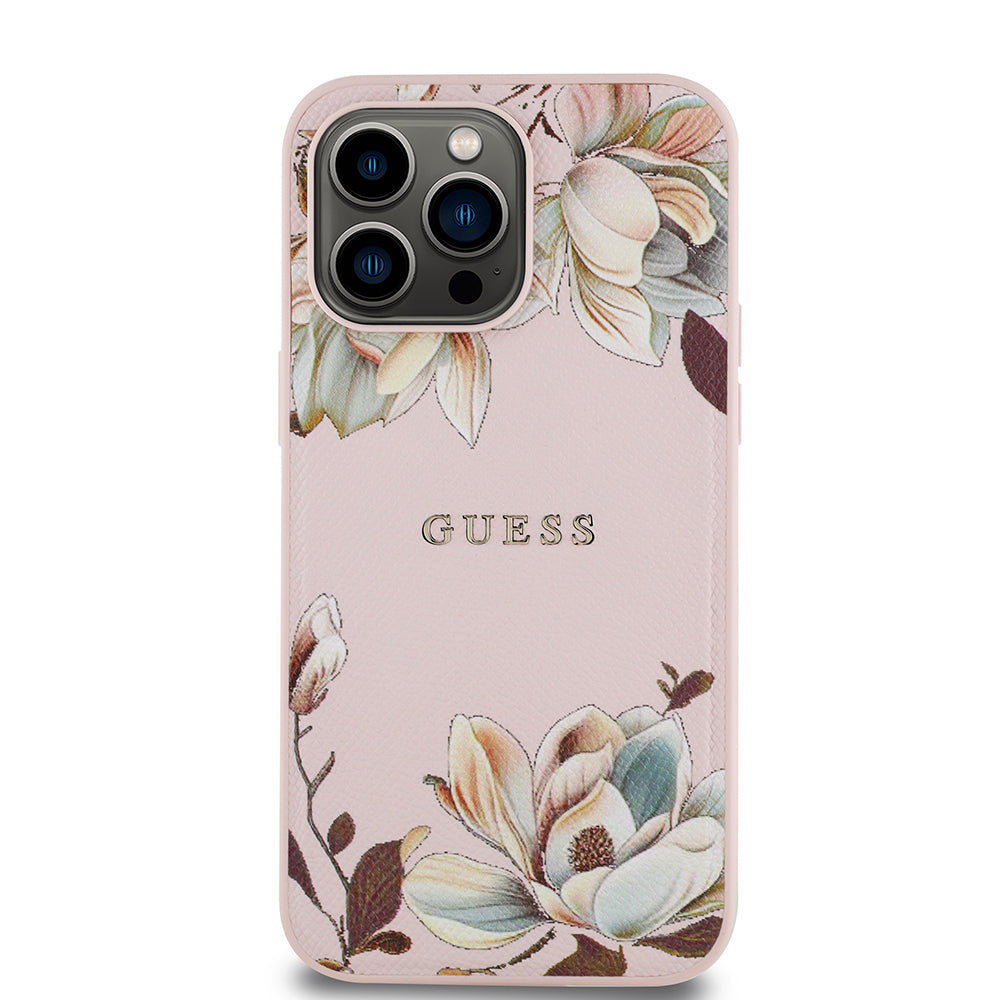 Apple iPhone 14 Pro Max Kılıf Guess Magsafe Şarj Özellikli Çiçek Tasarımlı Metal Yazı Logolu Kapak Pembe