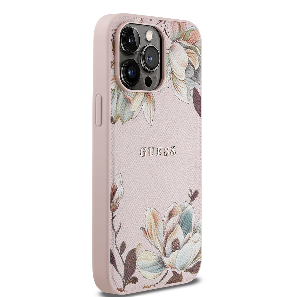 Apple iPhone 14 Pro Max Kılıf Guess Magsafe Şarj Özellikli Çiçek Tasarımlı Metal Yazı Logolu Kapak Pembe