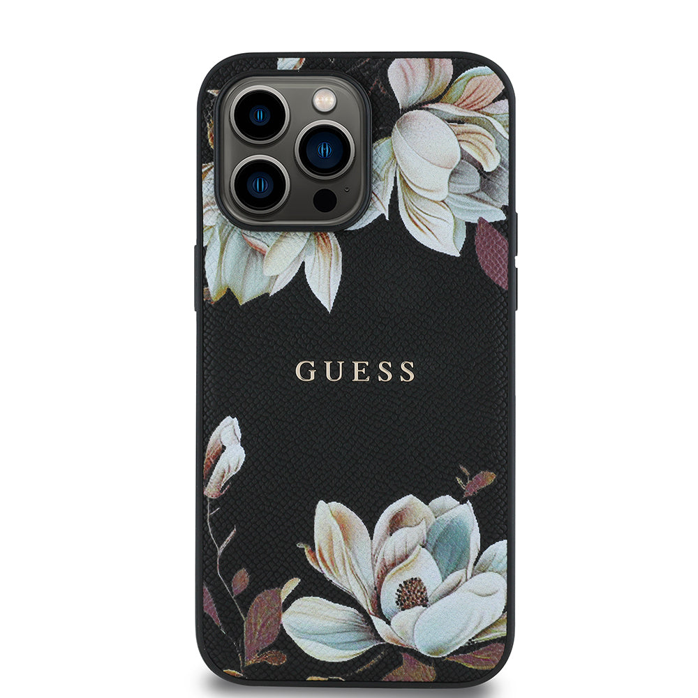 Apple iPhone 14 Pro Max Kılıf Guess Magsafe Şarj Özellikli Çiçek Tasarımlı Metal Yazı Logolu Kapak Siyah