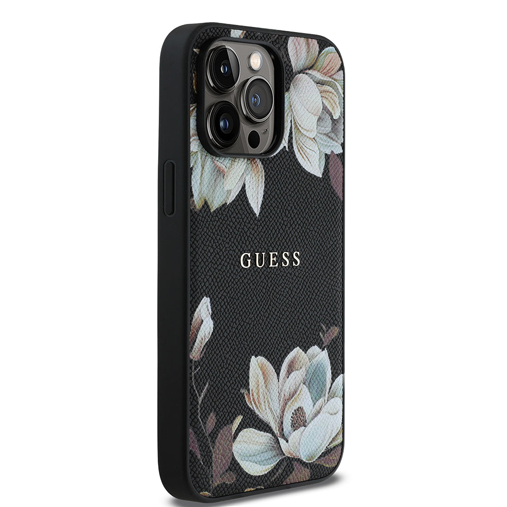 Apple iPhone 14 Pro Max Kılıf Guess Magsafe Şarj Özellikli Çiçek Tasarımlı Metal Yazı Logolu Kapak Siyah