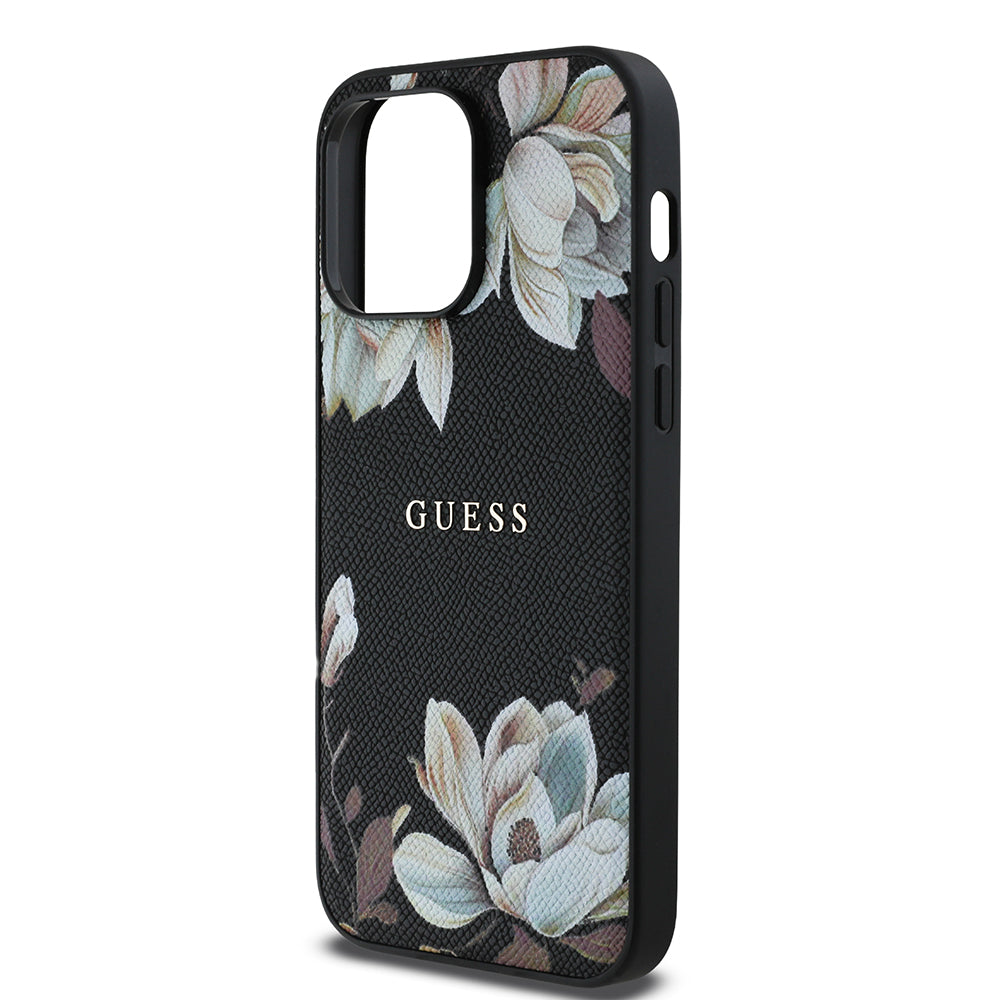 Apple iPhone 14 Pro Max Kılıf Guess Magsafe Şarj Özellikli Çiçek Tasarımlı Metal Yazı Logolu Kapak Siyah