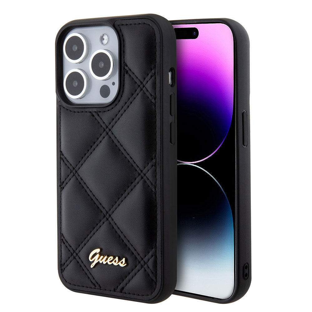 Apple iPhone 14 Pro Max Kılıf Guess PU Deri Metal Yazı Logolu Kapitone Kapak Siyah
