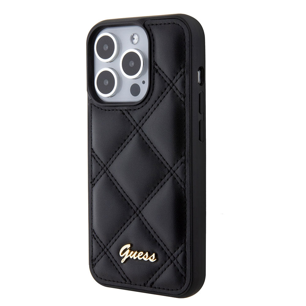 Apple iPhone 14 Pro Max Kılıf Guess PU Deri Metal Yazı Logolu Kapitone Kapak Siyah