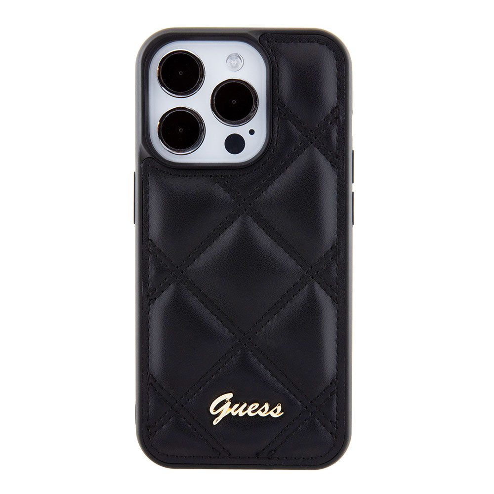 Apple iPhone 14 Pro Max Kılıf Guess PU Deri Metal Yazı Logolu Kapitone Kapak Siyah