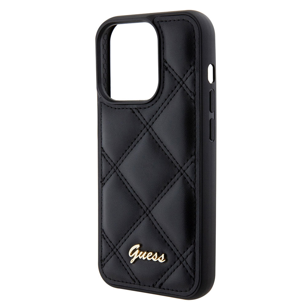 Apple iPhone 14 Pro Max Kılıf Guess PU Deri Metal Yazı Logolu Kapitone Kapak Siyah