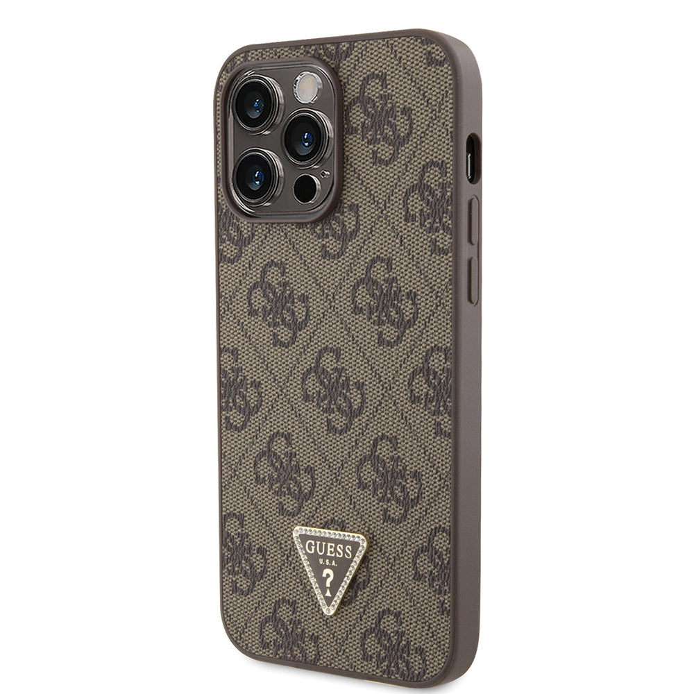 Apple iPhone 14 Pro Max Kılıf Guess PU Deri Taşlı Metal Üçgen Logolu Çapraz Vücut Askılı Kapak Kahverengi