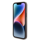 Apple iPhone 14 Pro Max Kılıf Guess PU Deri Taşlı Metal Üçgen Logolu Çapraz Vücut Askılı Kapak Kahverengi
