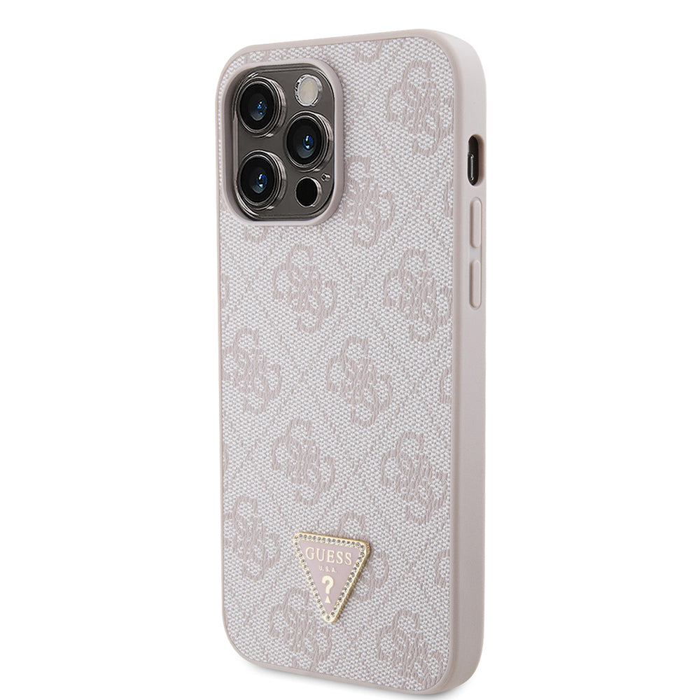 Apple iPhone 14 Pro Max Kılıf Guess PU Deri Taşlı Metal Üçgen Logolu Çapraz Vücut Askılı Kapak Pembe