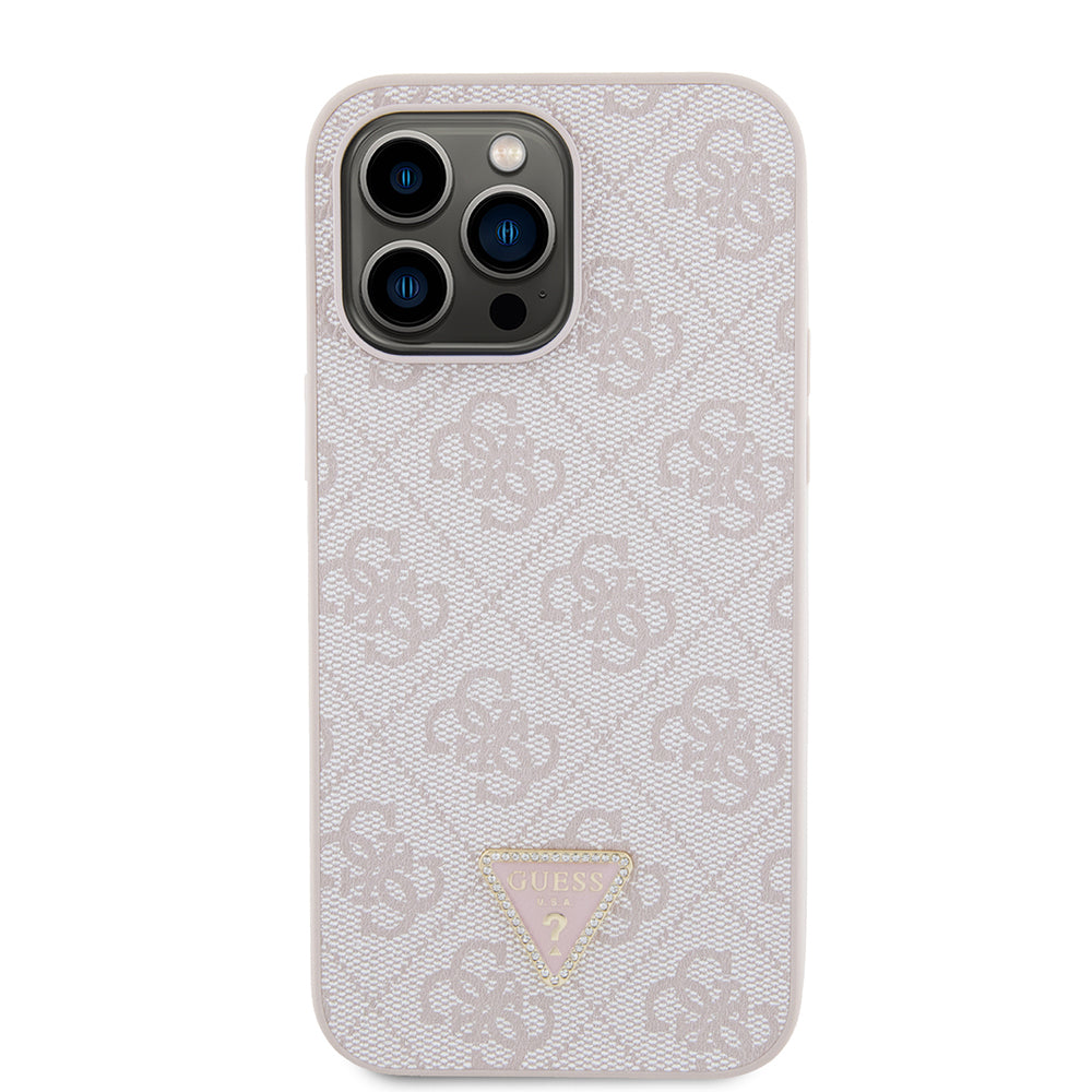 Apple iPhone 14 Pro Max Kılıf Guess PU Deri Taşlı Metal Üçgen Logolu Çapraz Vücut Askılı Kapak Pembe