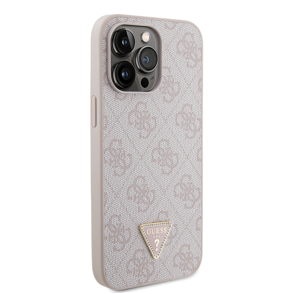 Apple iPhone 14 Pro Max Kılıf Guess PU Deri Taşlı Metal Üçgen Logolu Çapraz Vücut Askılı Kapak Pembe