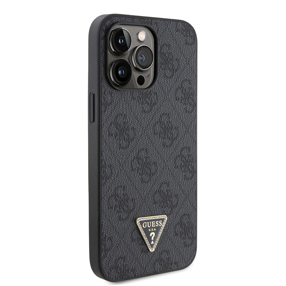 Apple iPhone 14 Pro Max Kılıf Guess PU Deri Taşlı Metal Üçgen Logolu Çapraz Vücut Askılı Kapak Siyah