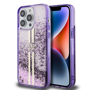 Apple iPhone 14 Pro Max Kılıf Guess Transparan Sıvılı ve Simli Çizgili Kapak Mor