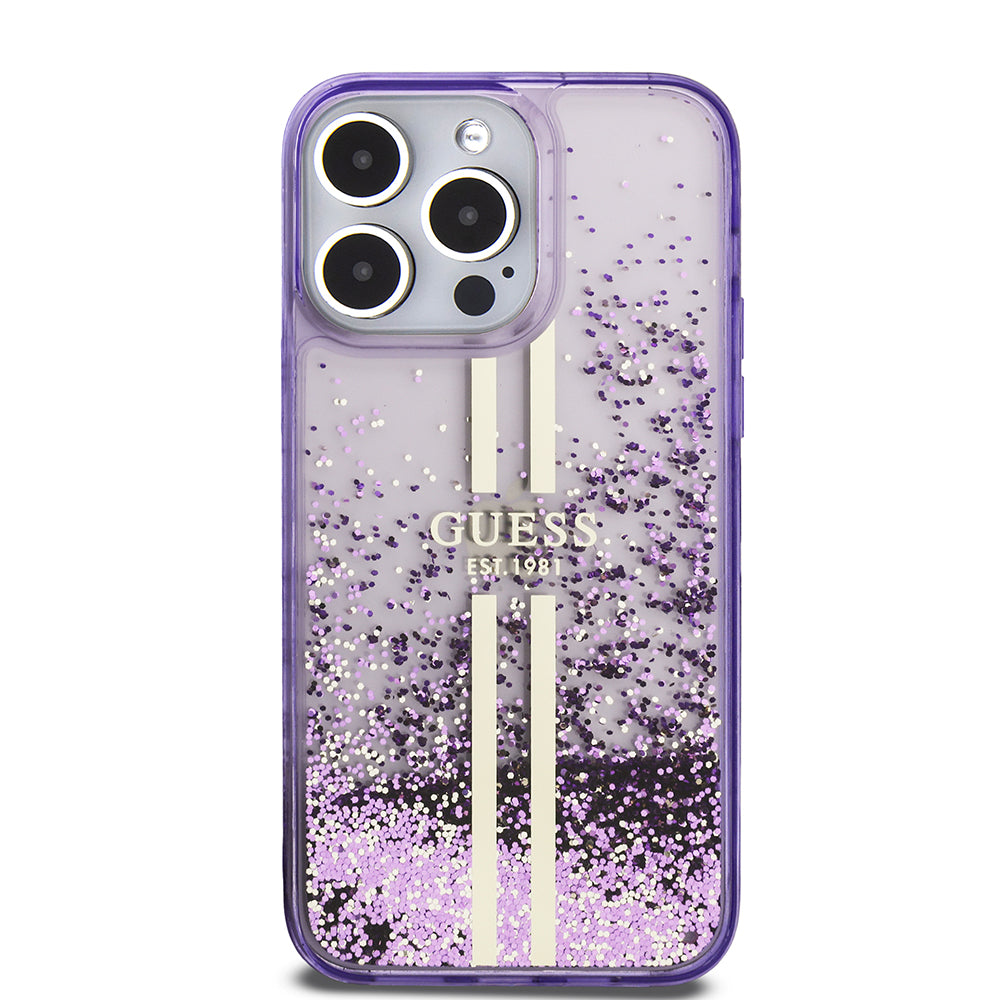 Apple iPhone 14 Pro Max Kılıf Guess Transparan Sıvılı ve Simli Çizgili Kapak Mor