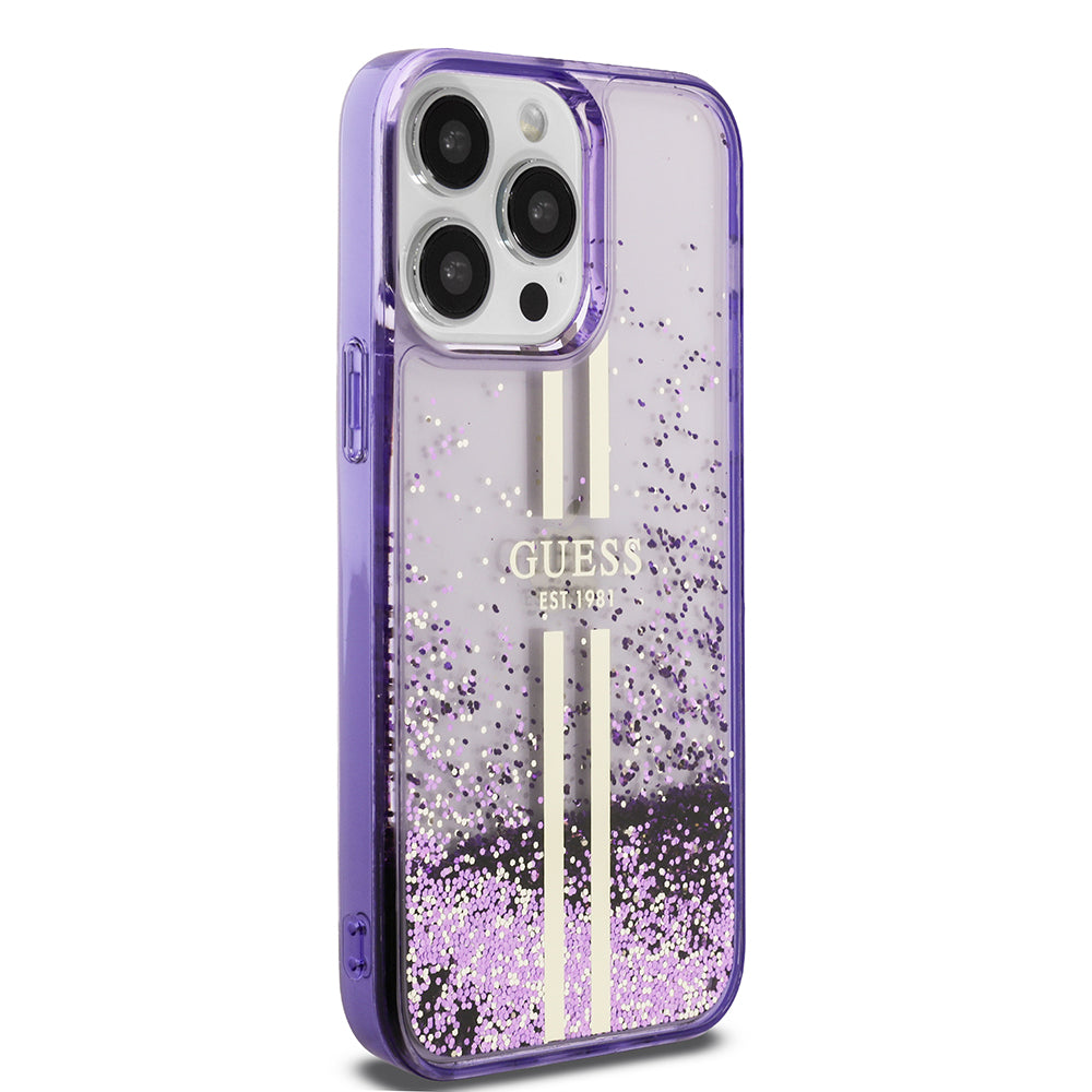 Apple iPhone 14 Pro Max Kılıf Guess Transparan Sıvılı ve Simli Çizgili Kapak Mor