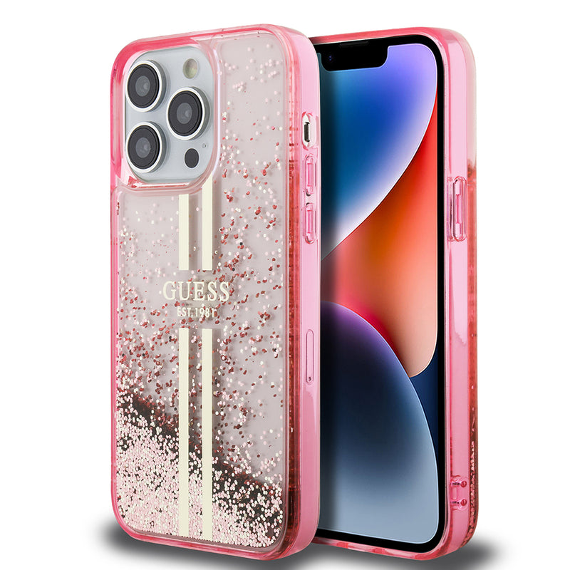 Apple iPhone 14 Pro Max Kılıf Guess Transparan Sıvılı ve Simli Çizgili Kapak Pembe