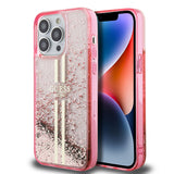 Apple iPhone 14 Pro Max Kılıf Guess Transparan Sıvılı ve Simli Çizgili Kapak Pembe