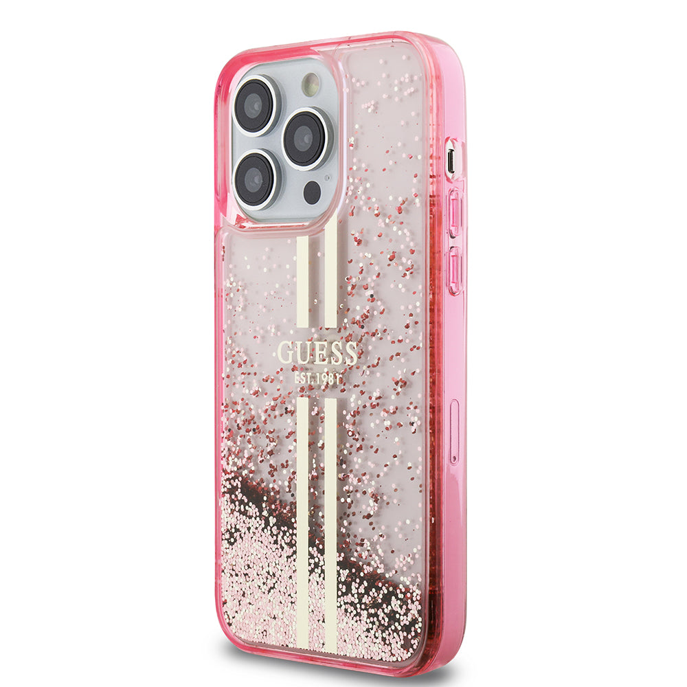 Apple iPhone 14 Pro Max Kılıf Guess Transparan Sıvılı ve Simli Çizgili Kapak Pembe