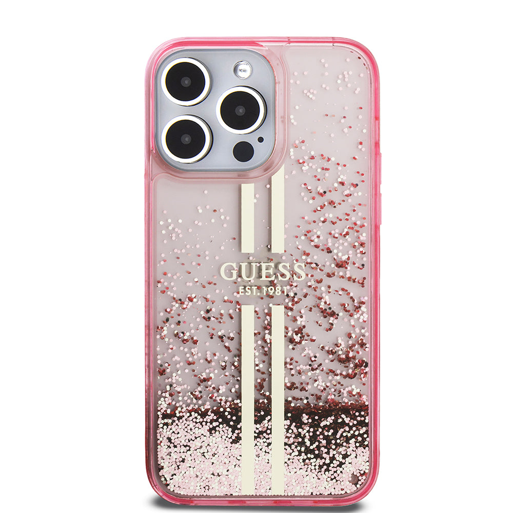 Apple iPhone 14 Pro Max Kılıf Guess Transparan Sıvılı ve Simli Çizgili Kapak Pembe