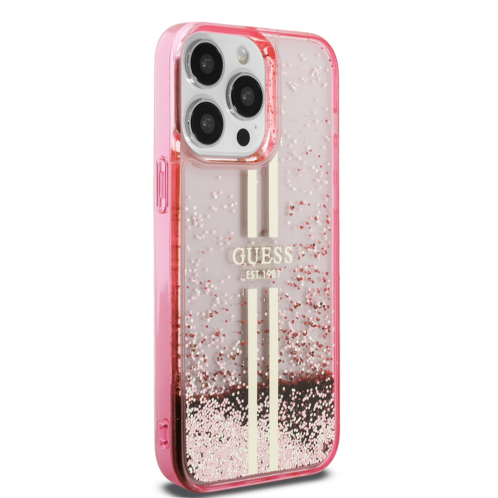 Apple iPhone 14 Pro Max Kılıf Guess Transparan Sıvılı ve Simli Çizgili Kapak Pembe