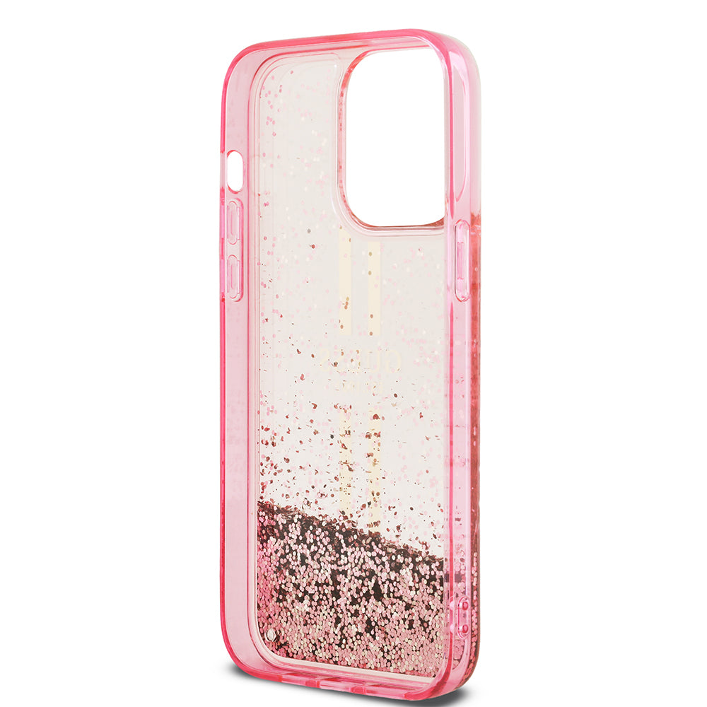 Apple iPhone 14 Pro Max Kılıf Guess Transparan Sıvılı ve Simli Çizgili Kapak Pembe
