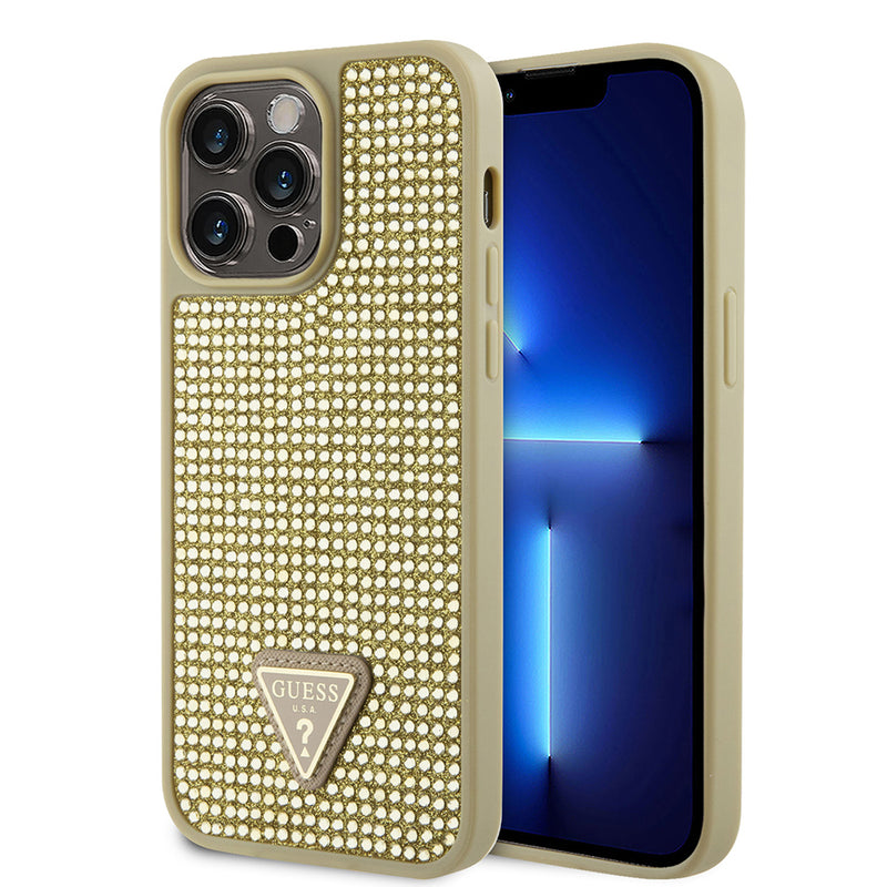 Apple iPhone 14 Pro Max Kılıf Guess Üçgen Logolu Rhinestone Taşlı Kapak Gold