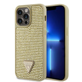 Apple iPhone 14 Pro Max Kılıf Guess Üçgen Logolu Rhinestone Taşlı Kapak Gold