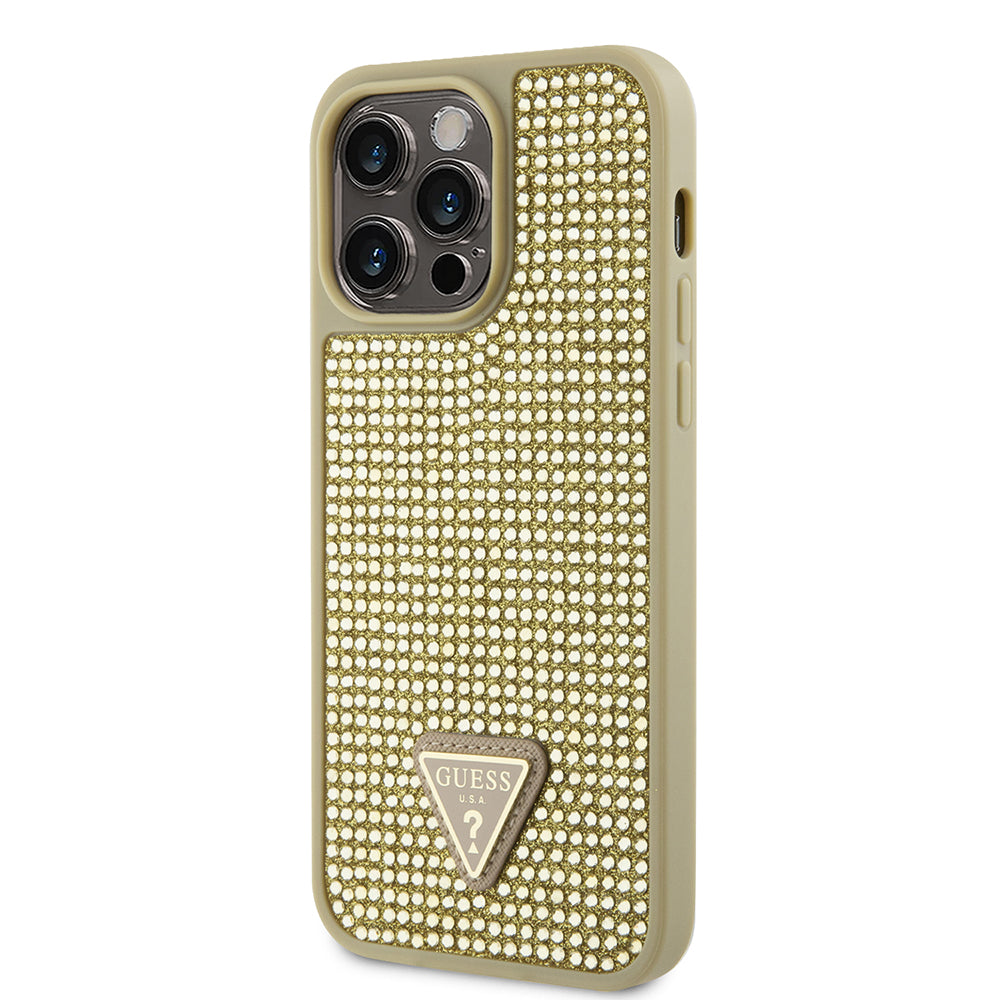 Apple iPhone 13 Pro Max Kılıf Guess Üçgen Logolu Rhinestone Taşlı Kapak Gold