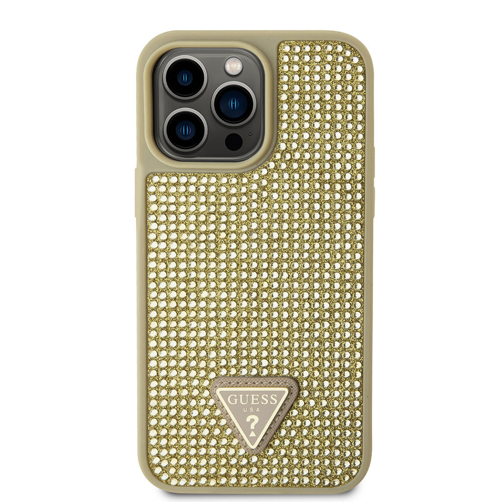 Apple iPhone 13 Pro Max Kılıf Guess Üçgen Logolu Rhinestone Taşlı Kapak Gold
