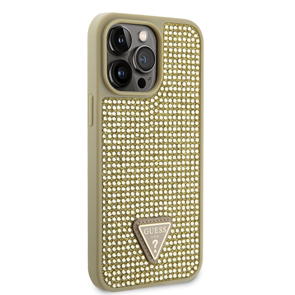 Apple iPhone 13 Pro Max Kılıf Guess Üçgen Logolu Rhinestone Taşlı Kapak Gold