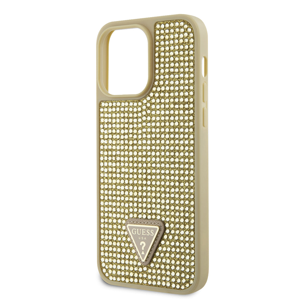 Apple iPhone 13 Pro Max Kılıf Guess Üçgen Logolu Rhinestone Taşlı Kapak Gold