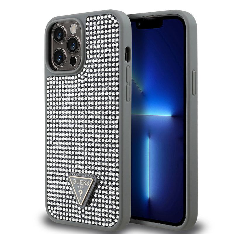 Apple iPhone 14 Pro Max Kılıf Guess Üçgen Logolu Rhinestone Taşlı Kapak Gümüş
