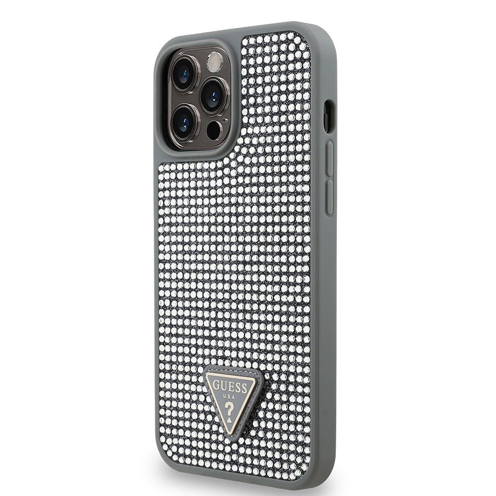 Apple iPhone 13 Pro Max Kılıf Guess Üçgen Logolu Rhinestone Taşlı Kapak Gümüş